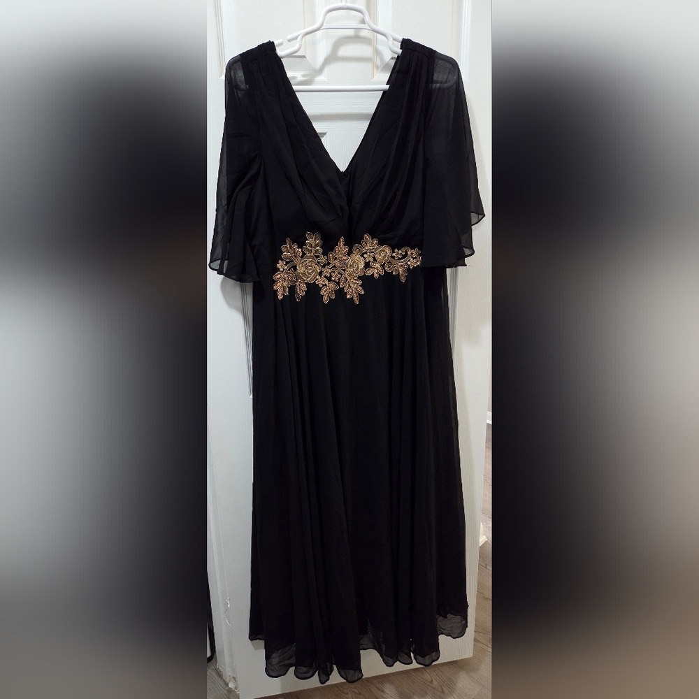 Black Floor Length Dress with Gold Floral Waist Embellishment